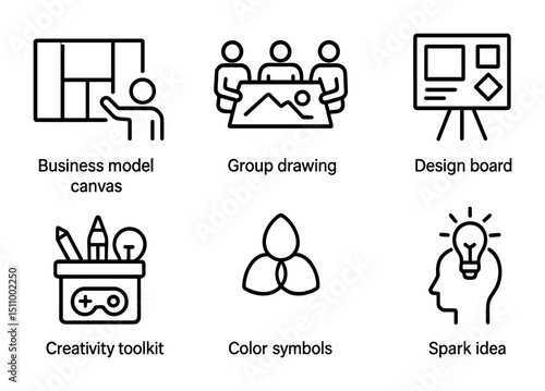 Business strategy icons: model canvas, group drawing, design board, creativity toolkit, color symbols, spark idea.