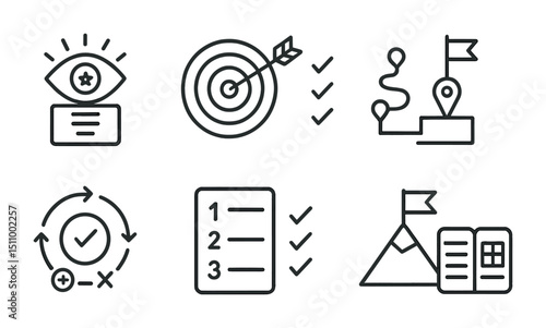 Business strategy icons with eye, target, route, cycle, list, mountain.
