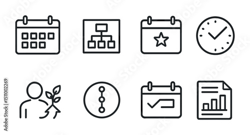 Outline icons set: calendar, clock, chart, growth, diagram, checklist, planning, organization.