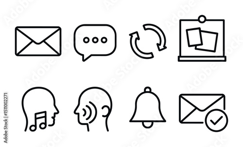 Communication and notification icon set: email, chat, sync, music, alert, bulletin board.