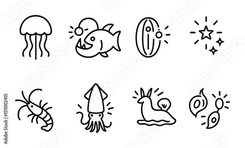 Minimalist marine life icons: jellyfish, fish, plankton, stars, shrimp, squid, sea slug, seeds.