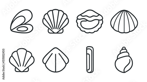 Simple outline icons of various seashells including clam and conch designs.