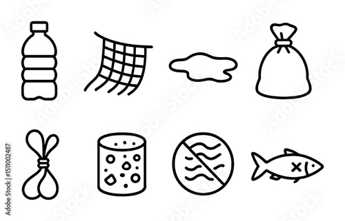 Icons representing environmental pollution: plastic bottle, fishing net, oil spill, garbage bag, balloons, polluted water, overfishing.