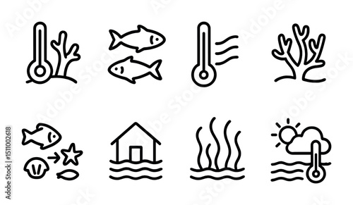 Climate change icons depicting temperature, marine life, and oceanic elements.
