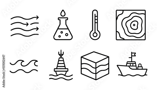 Meteorology and oceanography icons: wind, thermometer, map, waves, buoy, ship.