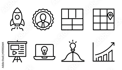 Business strategy icons set: rocket, profile, grid, location, presentation, idea, growth chart.
