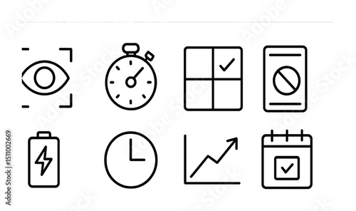 Minimalist icons: stopwatch, calendar, graph, clock, battery, vision, grid, document.