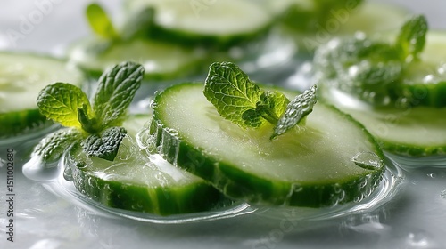   Slices of cucumber on water with mint and water droplets