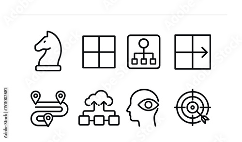 Chess knight, grid, flow chart, arrow icons for strategy and planning.