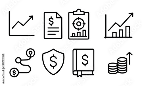 Financial growth and investment icons: charts, dollar signs, coins, target, route, book.