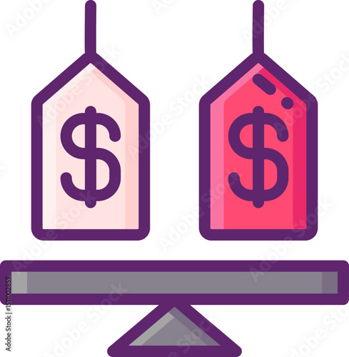 Price tags balancing on scales represent comparing costs and value in business, finance, and economics, conveying a sense of financial analysis and decisionmaking.