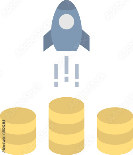 Rocket launching from stacks of gold coins symbolizes business growth and financial success in a vibrant and optimistic style.