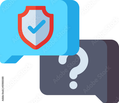 Blue speech bubble displays security shield while gray bubble shows question mark, representing customer support and protection, creating a sense of trust and reliability.