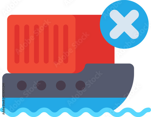 Cargo ship with red container is marked with a blue cross, symbolizing the ban on maritime transportation and trade due to sanctions or restrictions.