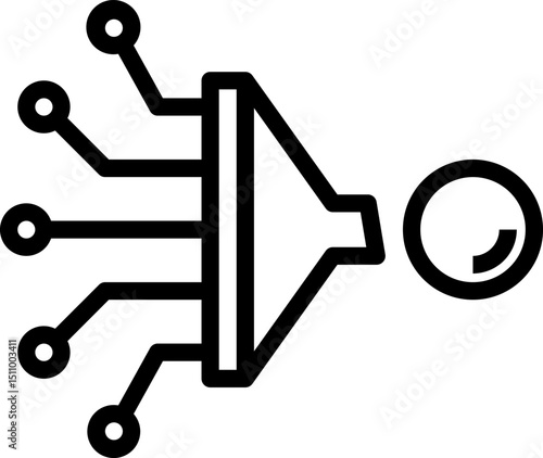 Data funnel processes information with connected nodes, leading to a single output in a clean, modern style, representing data analysis and transformation.