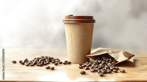 Takeaway coffee and beans on a table