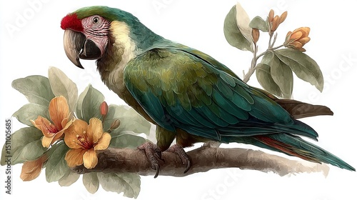   A colorful bird perched on a tree's branch against a backdrop of yellow and orange flowers on a white canvas