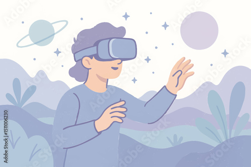 Immersive Virtual Reality Experience with VR Headset in Futuristic Digital World