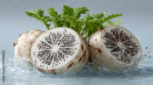   A halved kiwi perched atop water beside a verdant foliage