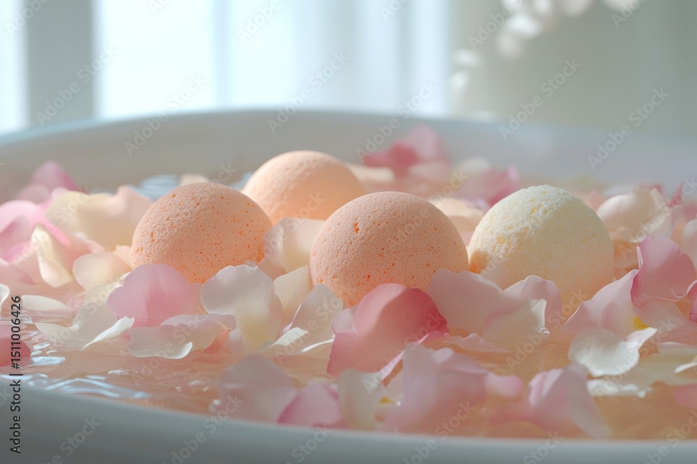 Bath Bombs, Floating in Water, Surrounded by Rose Petals, Wellness and Spa Relaxation Concept. Bath Bombs, Floating in Water, Surrounded by Rose Petals, Wellness and Spa Relaxation Concept.