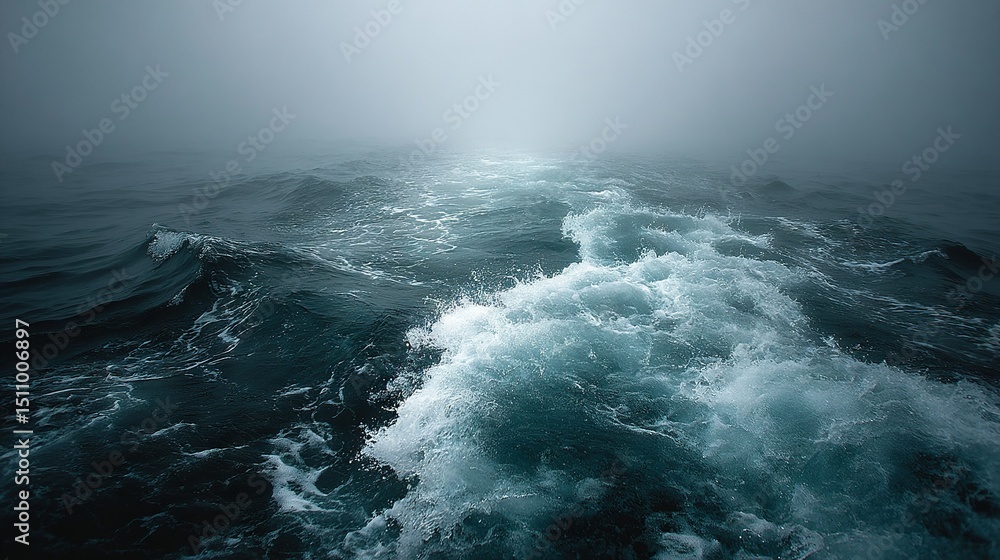 Fototapeta premium A vast expanse of water, with rolling waves, surrounded by a hazy atmosphere