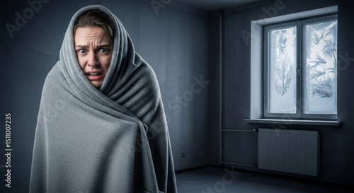 Woman wrapped in a blanket shivering from cold in an unheated room. Heating system problems concept. Energy crisis winter.