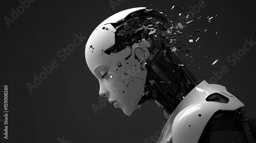 Detailed side view of a futuristic robot head with fragmented elements.