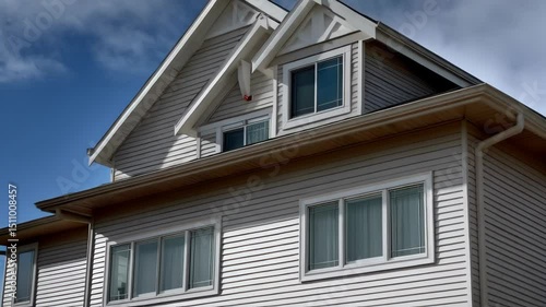 Wallpaper Mural Exterior facade of a neutral-toned two-story residential building with light siding, white trim, and a dormer window against a blue sky backdrop. Torontodigital.ca