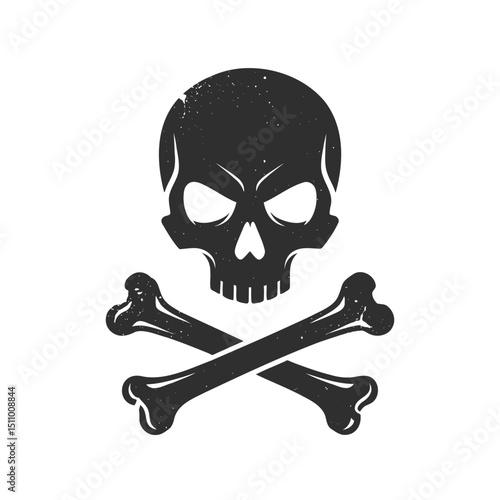 Classic black and white silhouette of a skull and crossbones, featuring a slightly distressed texture