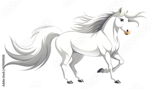 Majestic white horse with flowing mane and tail