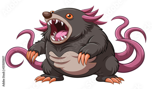 Angry cartoon mole with pink tentacle tails