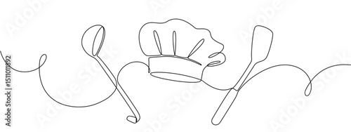  Ladle, cooking spatula and chef's cap in one solid line. Single line editable cutlery template for business cards, banners. Symbol of cafe, restaurant. Vector illustration