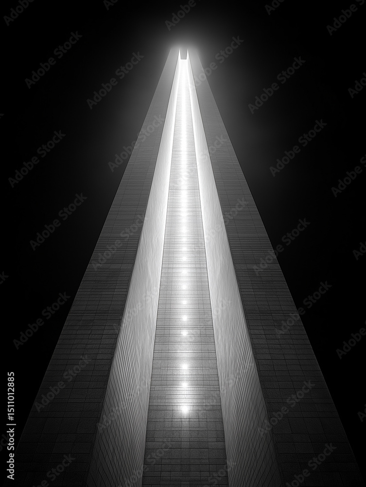 Fototapeta premium Czarne i białe zdjęcie przedstawiające rozświetlony pas wznoszący się w ciemność, tworzący iluzję nieskończonej, futurystycznej konstrukcji lub przejścia.