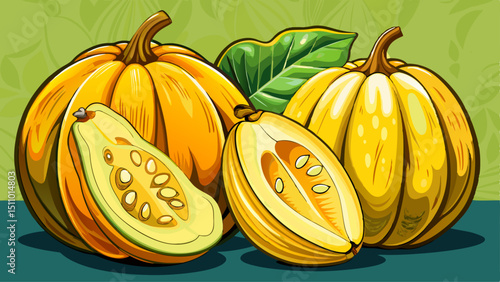 A close-up of yellow squashes, one cut open to reveal its seeds and flesh.