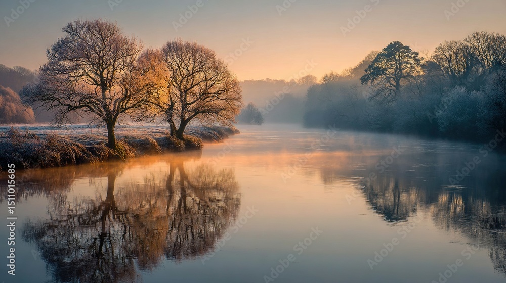 A body of water with two trees in the foreground and a fog-covered field with trees in the background A body of water with two trees in the foreground and a fog-covered field with trees in the background