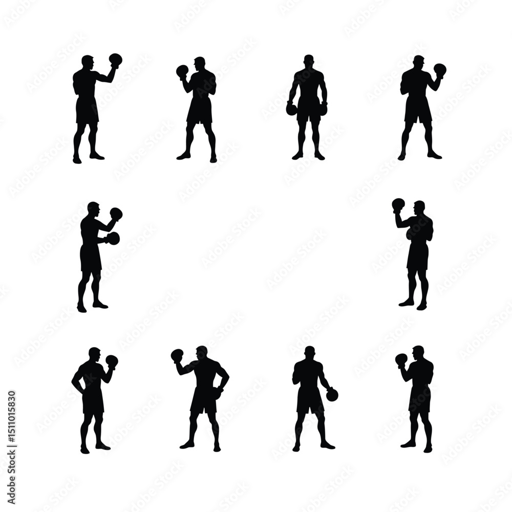 Fototapeta premium Boxer silhouettes various poses stand boxing sport