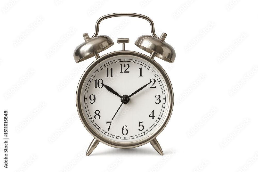 Silver alarm clock showing time on transparent background Silver alarm clock showing time on transparent background