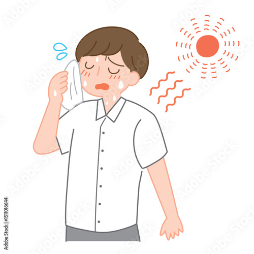 夏の暑さに汗を拭う男性/Sweating Man Wiping His Face in the Scorching Summer Heat