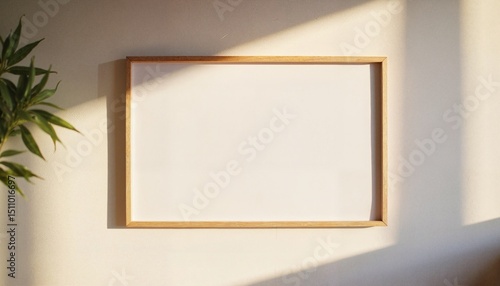 Empty wooden frame on wall with plant shadow during daylight  