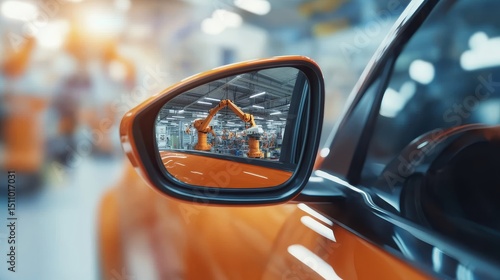 Inside an automotive factory where sparks fly and robotic arms operate, the scene is mirrored on a car's side mirror