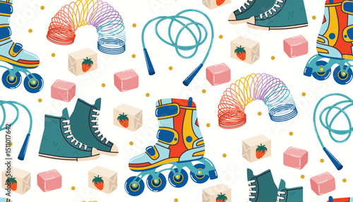 Playful 90s vibe seamless pattern with sneakers, roller skates, bubble gum, rope and coil toy. Flat cartoon style with bold colors, evoking childhood fun and vintage energy.