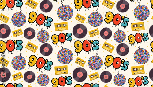 Colorful seamless pattern with 90s vibe icons like cassette, graffiti tag, disco ball, and vinyl. A funky throwback design ideal for retro themes, party prints, and youth-oriented branding.