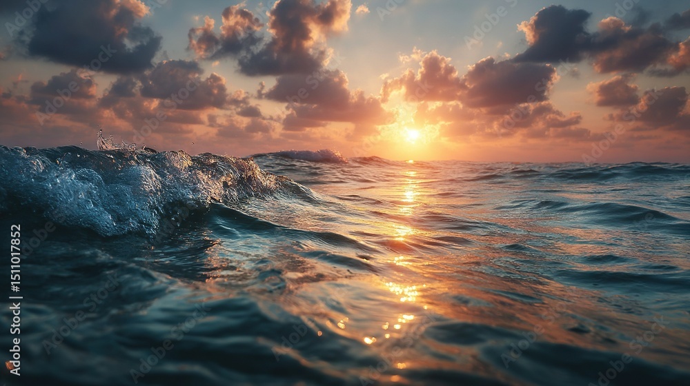 Naklejka premium The sun is setting over the ocean with a wave in the foreground and clouds above it