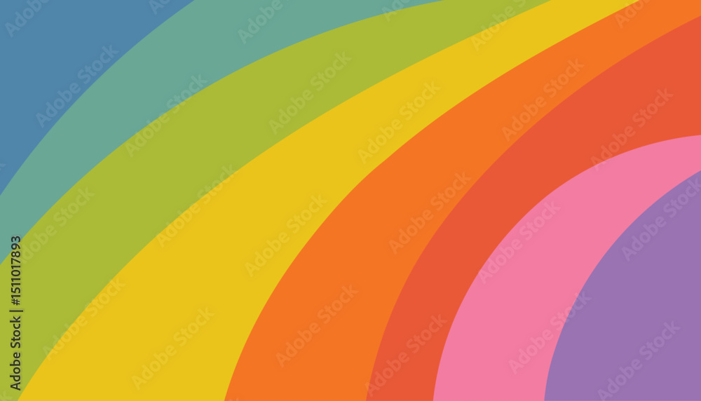 Obraz premium Colorful striped rainbow background in flat cartoon style with smooth diagonal bands in bright cheerful hues. A joyful and vibrant design perfect for playful themes and kids projects.