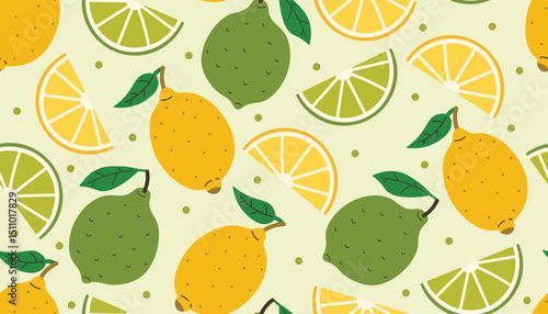 Fresh and colorful seamless pattern with whole lemons and limes, slices, green leaves and dots. Vibrant flat cartoon style perfect for summer, citrus themes, packaging, and cheerful designs.