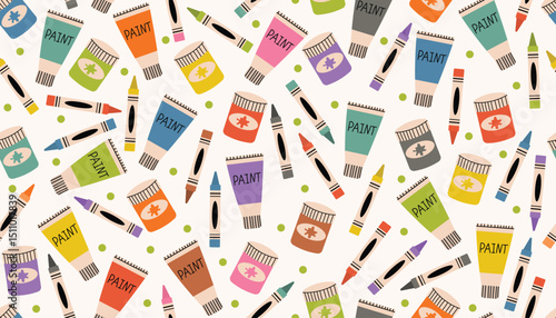 Colorful seamless pattern with crayons, gouache, oil paints, and scattered dots in messy arrangement. Flat cartoon style ideal for art themed products, kids designs, and school supplies.