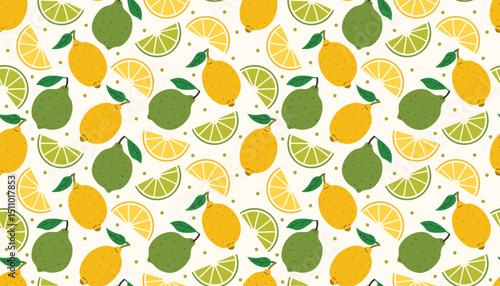 Playful seamless pattern of lemons, limes, juicy slices, leaves and dots. Bright colors and clean flat cartoon style make it ideal for fabric, wrapping, kitchen decor, or fruity digital art.
