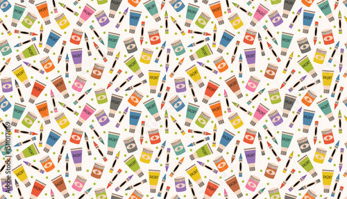 Fun and playful seamless pattern of messy crayons, paint tubes, and dots in bright flat cartoon style. Great for educational decor, art prints, textiles, and creative projects.