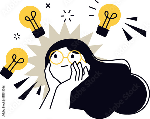 Woman thinking idea lightbulb inspiration creative innovation solution concept brainstorming eureka moment design vector art illustration