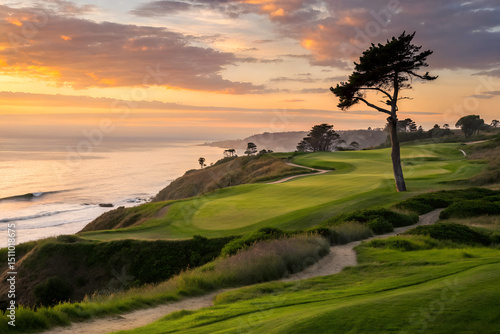 Scenic Oceanfront Golf Course at Sunset with Dramatic Sky